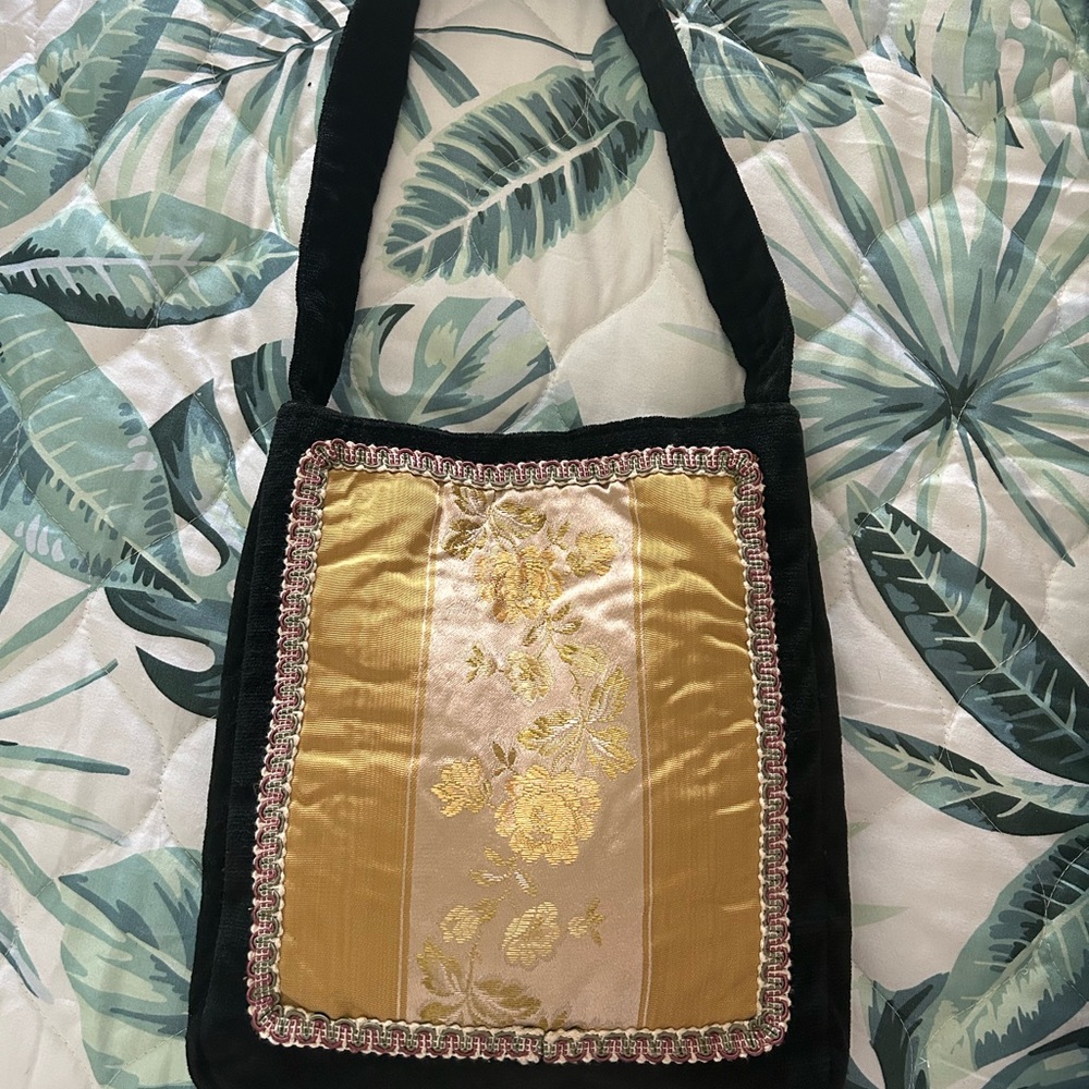 Vintage Black Velvet with Damask Fabric Panel Shoulder Bag